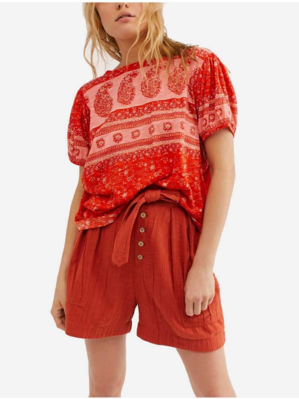 Free People Boho Paisley Puff Sleeve Top Fruit Punch Combo Size Small